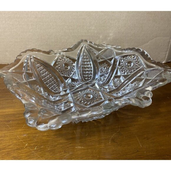 Vtg Pressed Glass Serving Bowl Scalloped Edge Hobstars Pineapple - Picture 5 of 14